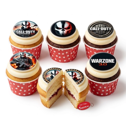 Call of Duty Warzone themed cupcakes with game logos and character toppers on vanilla and chocolate sponge.
