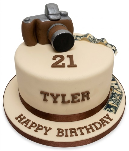 Cream-coloured round birthday cake with a brown and silver 3D camera topper, film strip decoration, and custom age number.