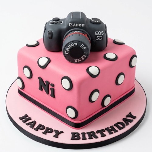Pink square birthday cake with a black fondant camera on top and white and black polka dots. 'Happy Birthday' is written on the cake board.