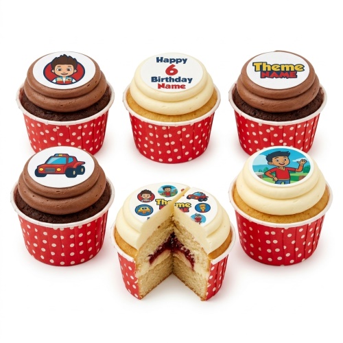 Boys adventure birthday cupcakes with character and rescue vehicle toppers, custom age and name.