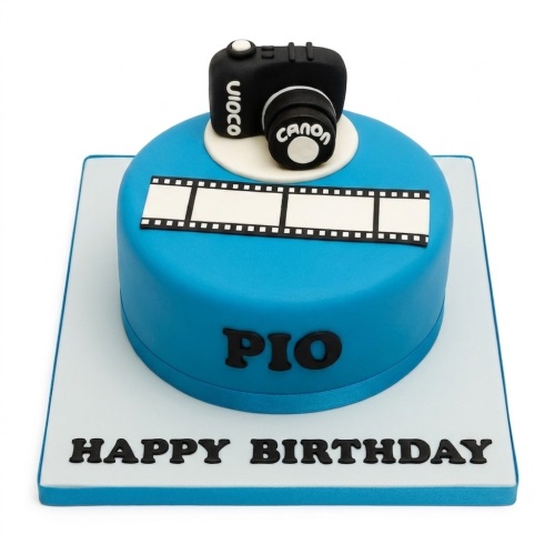 Blue round birthday cake with a black camera topper and film strip decoration.