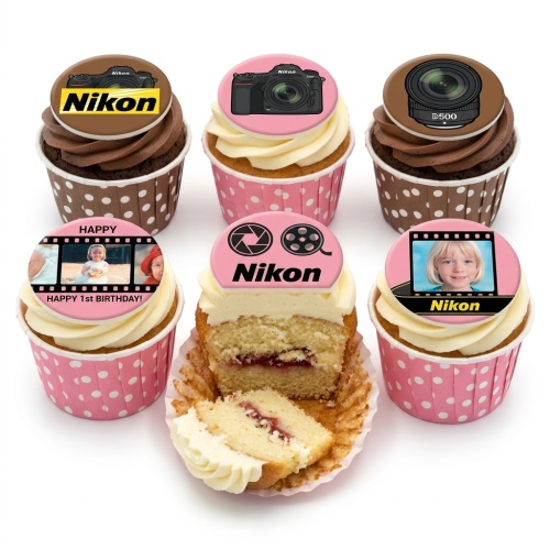 Six cupcakes with Nikon camera and lens toppers, and custom photo film strip toppers.