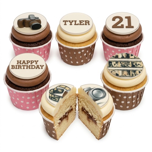 Delicious birthday cupcakes with camera, film reel, photo strip, and custom age toppers.