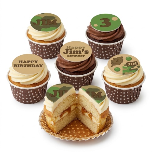 Set of army theme birthday cupcakes with camouflage toppers and custom age/name options.