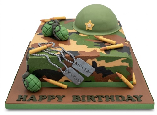 Rectangular Camouflage Military Theme Birthday Cake with camouflage pattern, army helmet, grenades, bullets, and personalised dog tags.