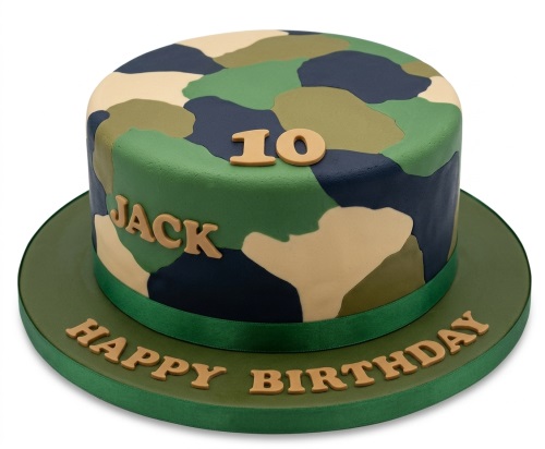 Round camouflage birthday cake with custom age and name on a green board.