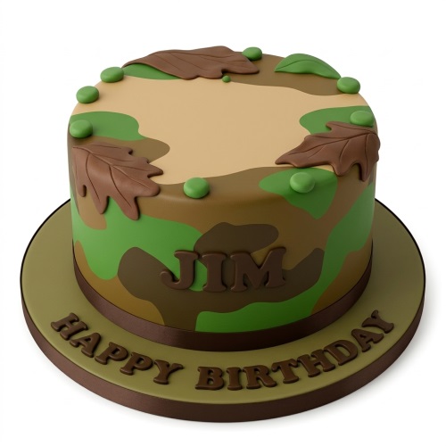 Round camouflage birthday cake with edible leaves and green accents, featuring a custom name and 'Happy Birthday' message.