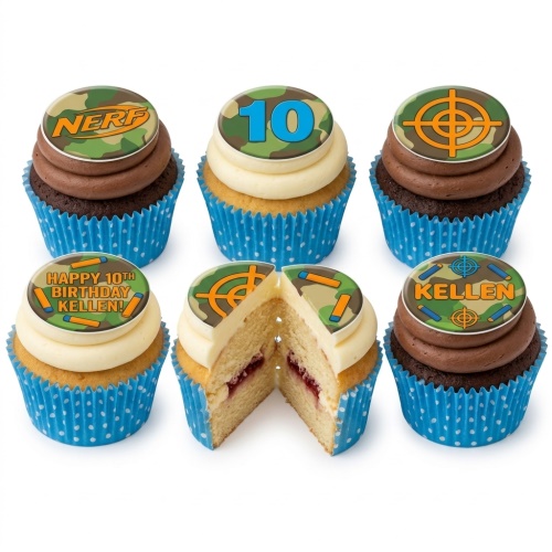 Nerf theme cupcakes with camouflage toppers, target symbols, and bullet decorations, some with custom age and name examples.