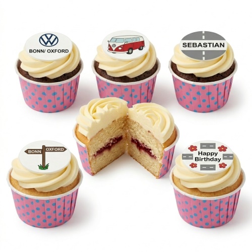 Cupcakes with travel theme toppers including a camper van, road signs, and 'Happy Birthday' message.