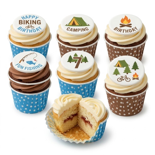 A selection of outdoor adventure themed birthday cupcakes with biking, camping, fishing, and custom age toppers.