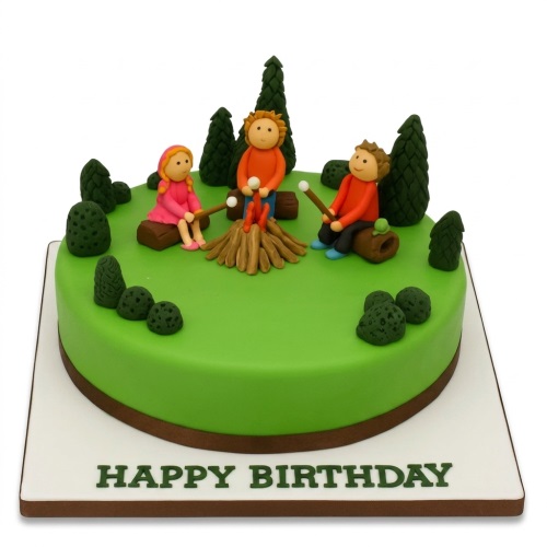 Round green cake with fondant figures around a campfire, trees, and 'Happy Birthday' message.