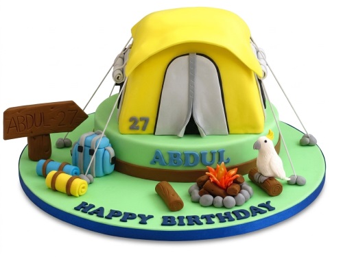 Yellow camping tent cake with backpack, sleeping rolls, campfire, and white parrot, on a green base.