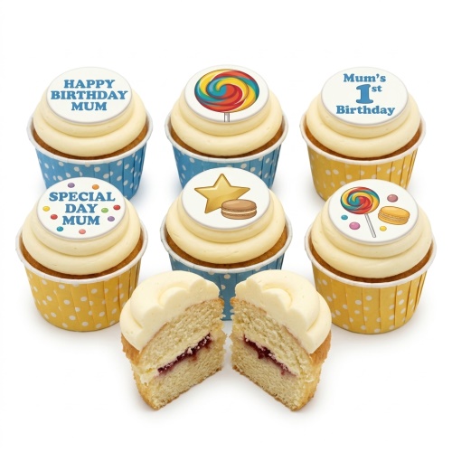 A selection of cupcakes with white frosting and edible toppers, including lollipops, a star, macarons, and custom messages.
