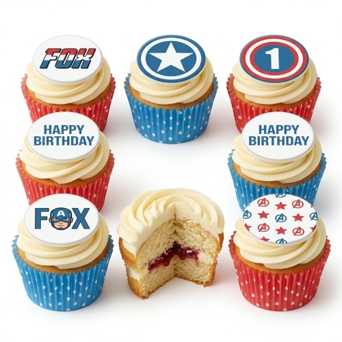 Vanilla cupcakes with red and blue cases, topped with Captain America, Avengers, and custom birthday designs.