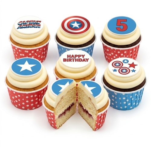Captain America themed cupcakes with shield, star, and 'Happy Birthday' toppers, some with custom age.