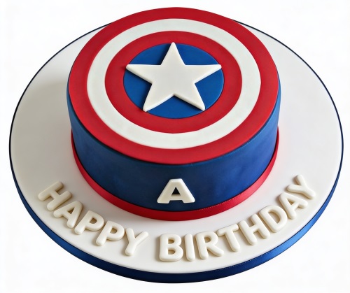 Round, single-tier Captain America shield birthday cake in red, white, and blue with 'HAPPY BIRTHDAY' message.