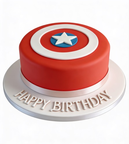 Round red Captain America shield birthday cake with white and blue details and 'Happy Birthday' message on the board.