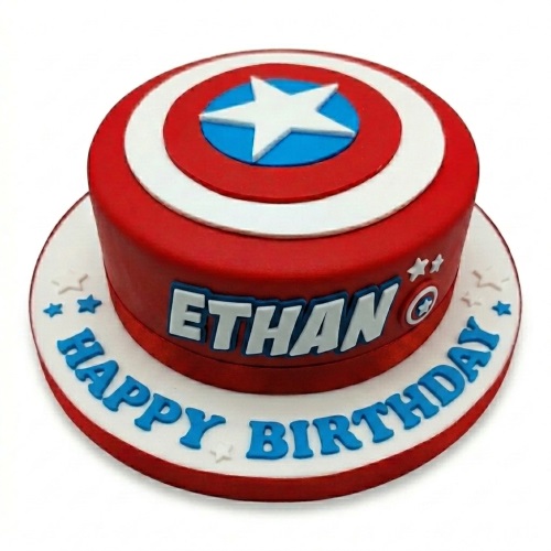 Round red, white, and blue superhero birthday cake with a shield design on top and a custom name.