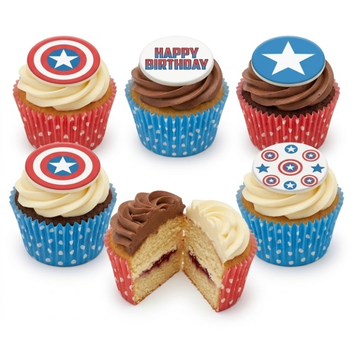 Captain America themed cupcakes with red, white, and blue shield and star toppers, some with 'Happy Birthday' message.