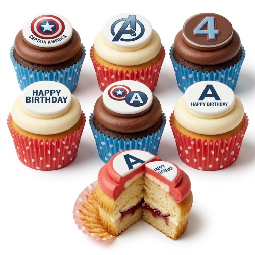 Avengers and Captain America themed cupcakes with custom age and Happy Birthday toppers.
