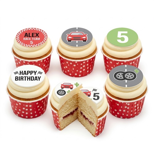 Set of racing car themed birthday cupcakes with custom age and personalised message toppers.