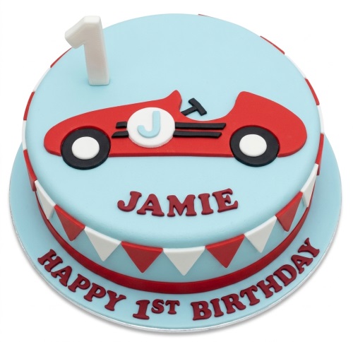 Light blue round cake with a red racing car, white number topper, and red and white bunting.
