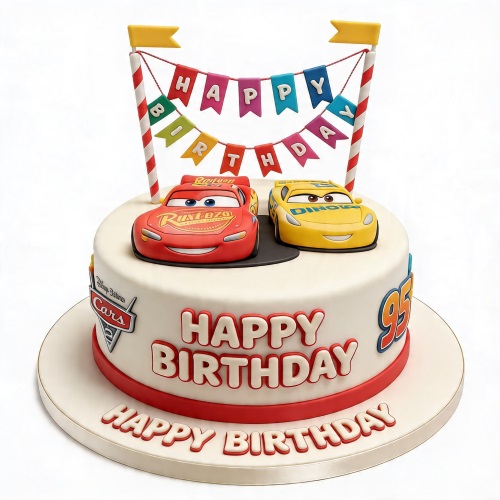 White round cake with Disney Cars characters Lightning McQueen and Dinoco Cruz Ramirez, "Happy Birthday" messages and bunting.