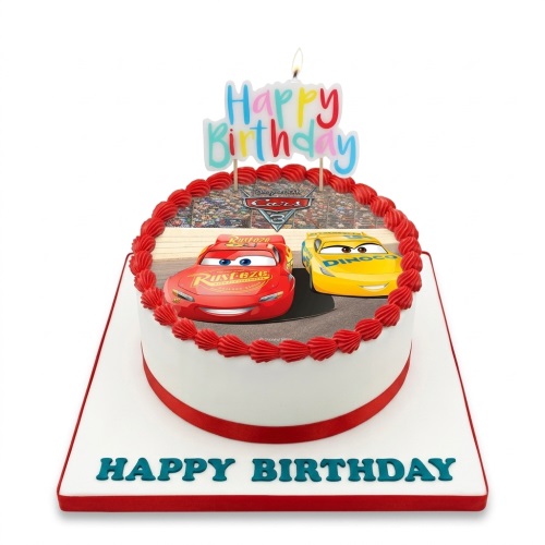Round white birthday cake with red piped border and an edible image of Disney Cars Lightning McQueen and Dinoco Cruz Ramirez.