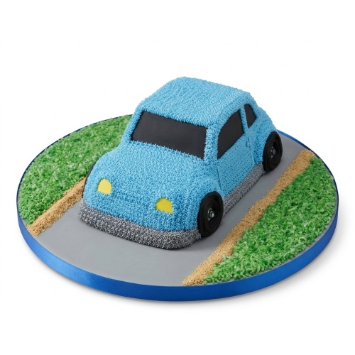 Blue 3D car shaped birthday cake on a round board with road and grass decoration.
