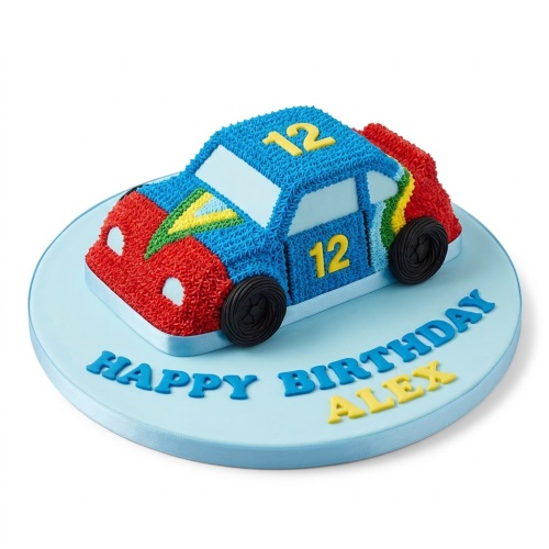 Bright blue and red racing car shaped birthday cake with yellow number 12 and 'Happy Birthday Alex' message on a light blue board.