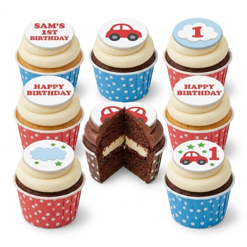 A selection of red car and cloud design birthday cupcakes for boys, with polka dot wrappers.