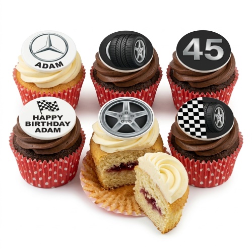 Six cupcakes with racing car themed toppers, including wheels, tyres, and a checkered flag, with custom age and name examples.