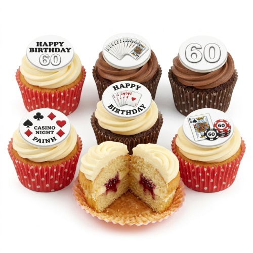 Cupcakes with casino and card game themed edible toppers, including playing cards, poker chips, and a custom age.