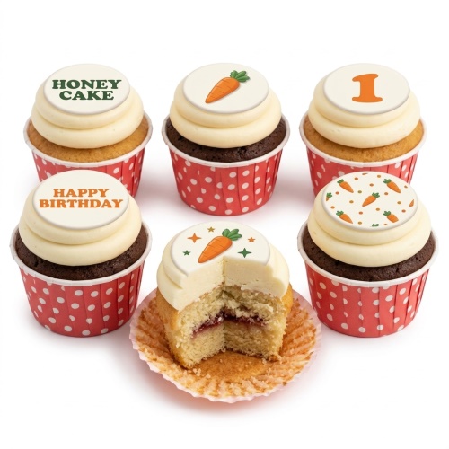 Cupcakes with white frosting, red polka dot wrappers, carrot toppers, and 'Happy Birthday' and '1' messages.