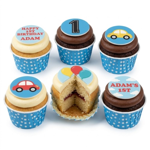 Set of six 1st birthday cupcakes for boys with car and balloon toppers in blue polka dot wrappers.