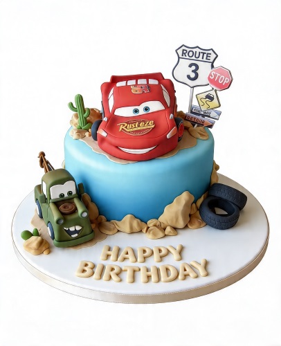 Disney Cars themed birthday cake with Lightning McQueen, Mater, and road signs.