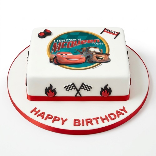 Square Disney Cars birthday cake with Lightning McQueen, Mater, racing flags, and Happy Birthday message.