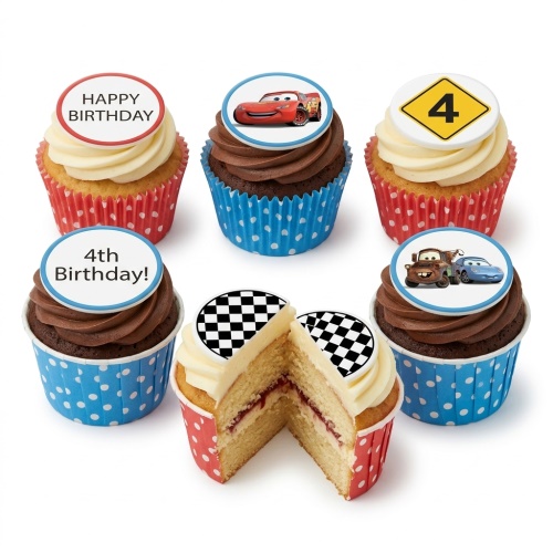 Selection of Disney Cars themed cupcakes with Lightning McQueen, Mater, Sally Carrera, checkered flags, and 'Happy Birthday' toppers.
