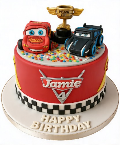 Round red birthday cake with Lightning McQueen, Jackson Storm, Piston Cup, and sprinkles.