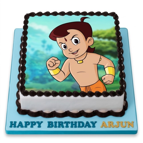 Square Chhota Bheem birthday cake with edible image and chocolate piping.