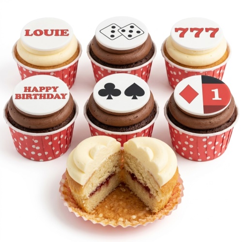 Casino themed cupcakes with dice, card suits, 777, and roulette designs, some with personalised messages.