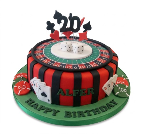 Round single-tier casino roulette birthday cake with dice, poker chips, and playing cards.