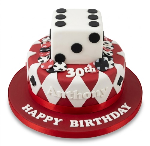 Two-tiered gaming dice birthday cake with poker chips and custom age.