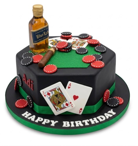Octagonal black casino theme birthday cake with playing cards, poker chips, cigar, and miniature whiskey bottle.