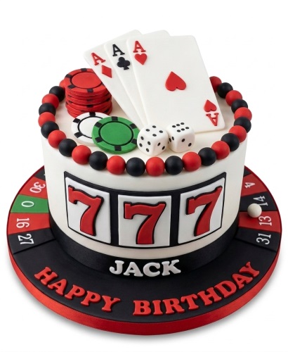 Round casino theme birthday cake with poker chips, playing cards, dice, slot machine 777, and roulette wheel.