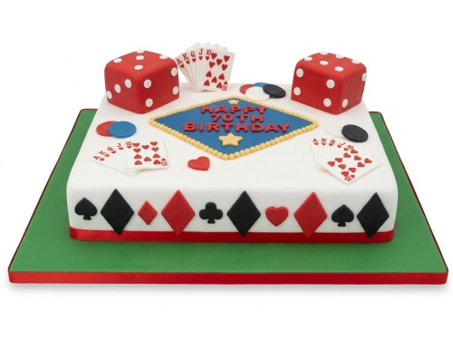 Rectangular white casino theme birthday cake with red dice, playing cards, and poker chips.