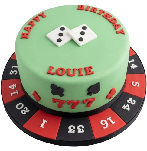 Round green casino themed birthday cake with dice, card suits, "Happy Birthday" text, and a roulette wheel base.
