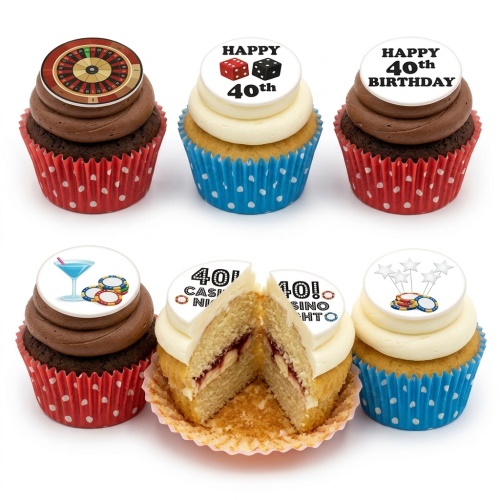 Set of six 40th Birthday Casino Night cupcakes with roulette, dice, poker chips, and cocktail toppers.