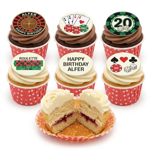 Six casino theme cupcakes with roulette, poker cards, chips, and dice toppers.