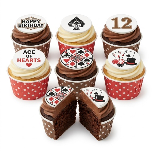 Assortment of casino and card game themed cupcakes with chocolate and vanilla frosting, featuring 'Happy Birthday' and custom age '12' toppers.
